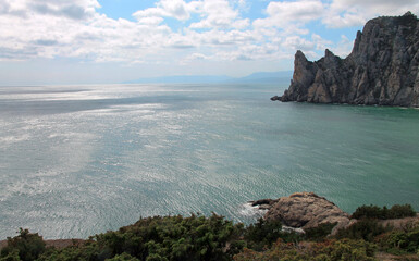 Crimea. Mount Karaul - Both and Blue Bay - a picturesque bay near the village of Novy Svet.