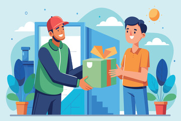 A delivery man giving a package to a customer at the doorstep