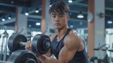 A muscular man is lifting weights in the gym.