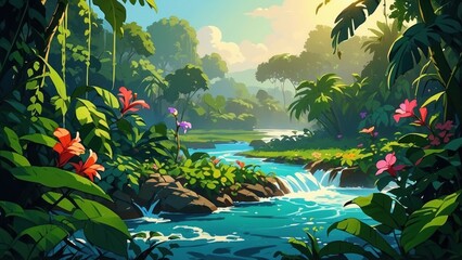 Illustration of an exotic waterfall in anime style