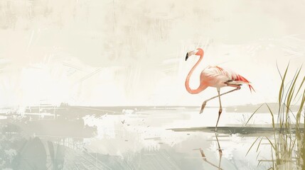 Elegant flamingo by the water under a serene sun in a minimalist abstract art style