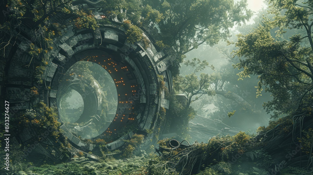 Aufkleber A forest with a large, circular structure in the middle. The structure is surrounded by trees and has a green and brown color. Scene is mysterious and eerie