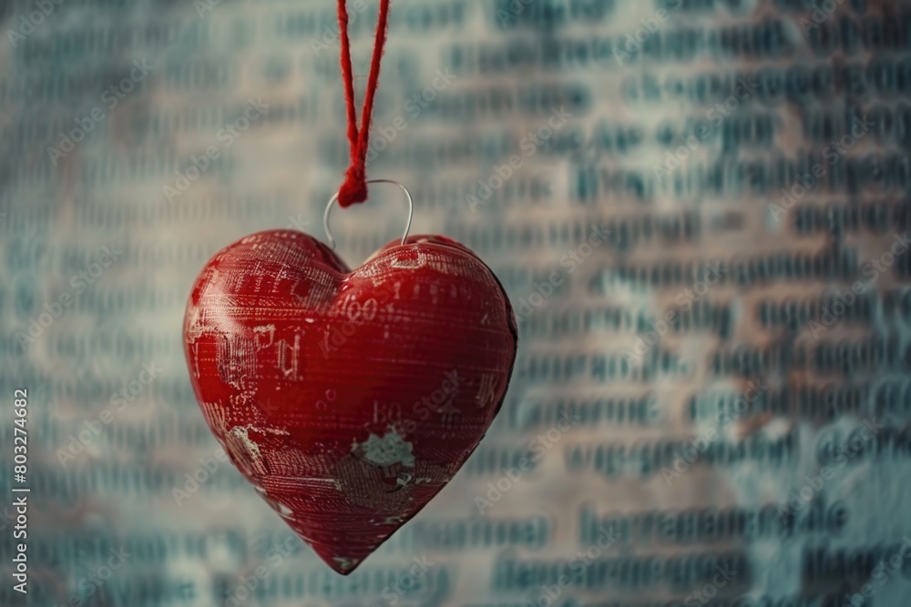 Poster red heart hanging on red string, perfect for valentine's day projects