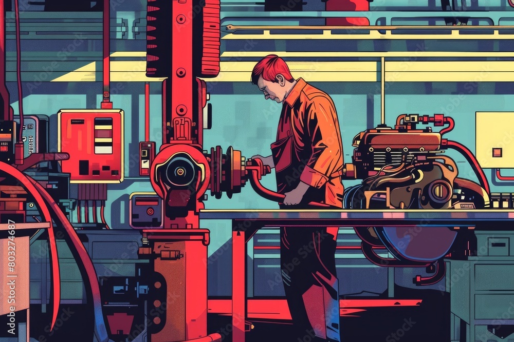 Poster A man working on a machine in a factory. Ideal for industrial concepts