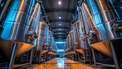 Steel fermentation tanks in modern alcohol production factory hall. Concept Steel tanks, Fermentation process, Alcohol production, Modern factory hall, Industrial equipment