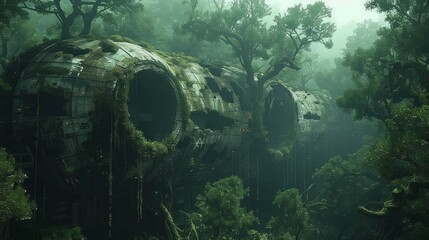 A large, mossy structure with a skull on top of it. The sky is cloudy and the trees are lush and green