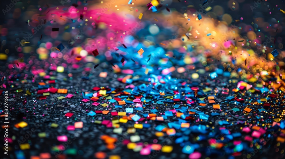 Poster A colorful explosion of confetti is scattered across the floor. The confetti is in various colors and shapes, creating a vibrant and festive atmosphere. The scene is likely from a celebration or event