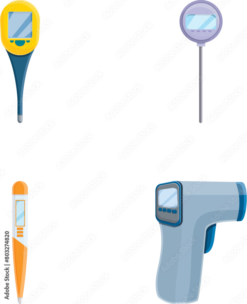 Poster electronic thermometer icons set cartoon vector. various type of thermometer. measuring device