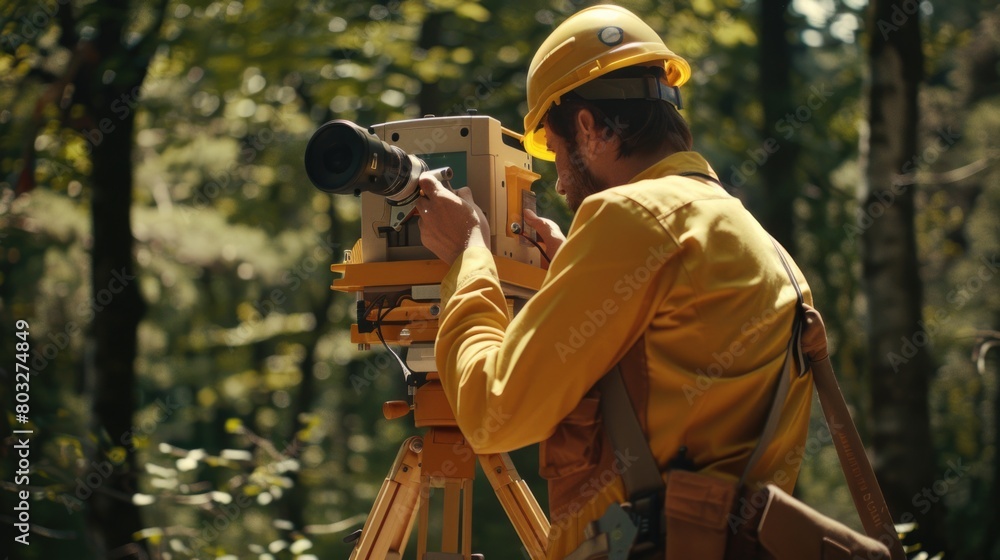 Poster a man in a hard hat using a tripod. suitable for construction or photography concepts