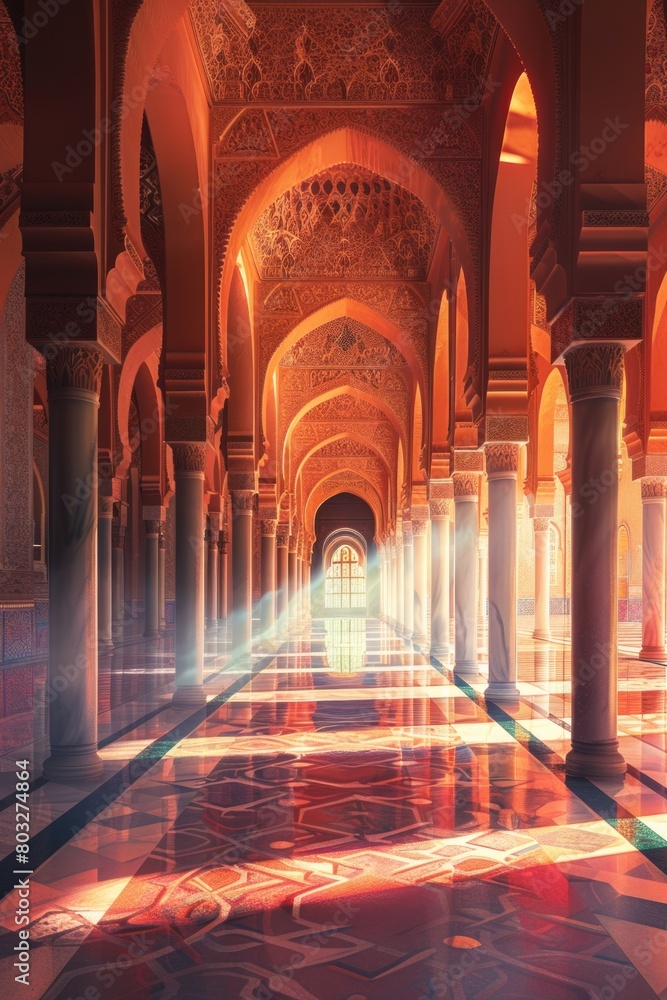 Poster a majestic long hallway with elegant columns and arches. perfect for interior design concepts
