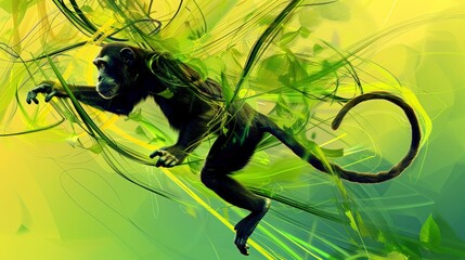 Playful monkey swinging amidst lush jungle foliage in a charming illustration