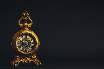 A small, ornate, golden clock, its hands frozen at midnight, standing alone against a solid dark...