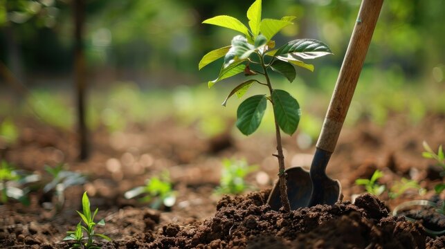 dig the ground with a shovel to do tree planting or afforestation AI generated