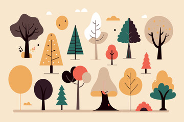 Stylized trees with colorful autumn leaves in a serene forest scene