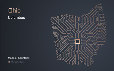 Ohio Map with a capital of Columbus Shown in a Microchip Pattern. E-government. TSMC. American states vector maps. Microchip Series