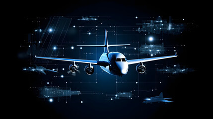 Fototapeta premium Aerospace Technology with Blue and White Airplanes Flying Showing Aviation Technologies on Black Background