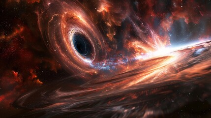 Dramatic illustration of a supermassive black hole engulfing a galaxy amid cosmic fires