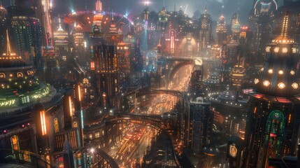 A cityscape with a lot of lights and buildings. Scene is bright and lively