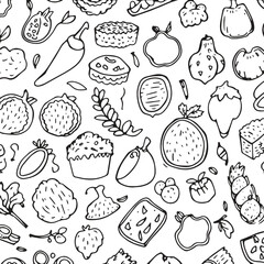 Hand drawn fruit and vegetables pattern flat style. Monochrome seamless vector sketch style vintage background.