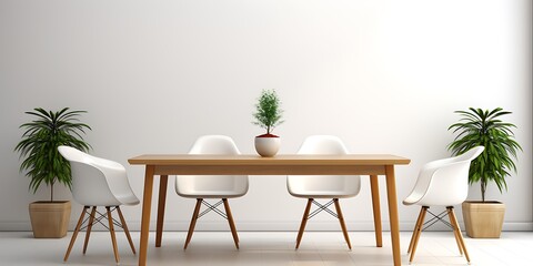 Interior of modern dining room with white walls, concrete floor, long wooden table with white chairs and plant in vase. 3d rendering