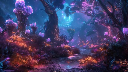 A colorful forest with purple and orange plants