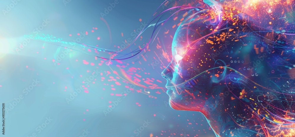 Poster a digital art of an ai humanoid head silhouette with vibrant colors and glowing lights, surrounded b