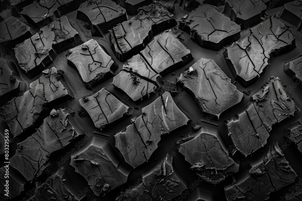 Poster detailed close-up of a tire tread pattern. suitable for automotive and industrial concepts