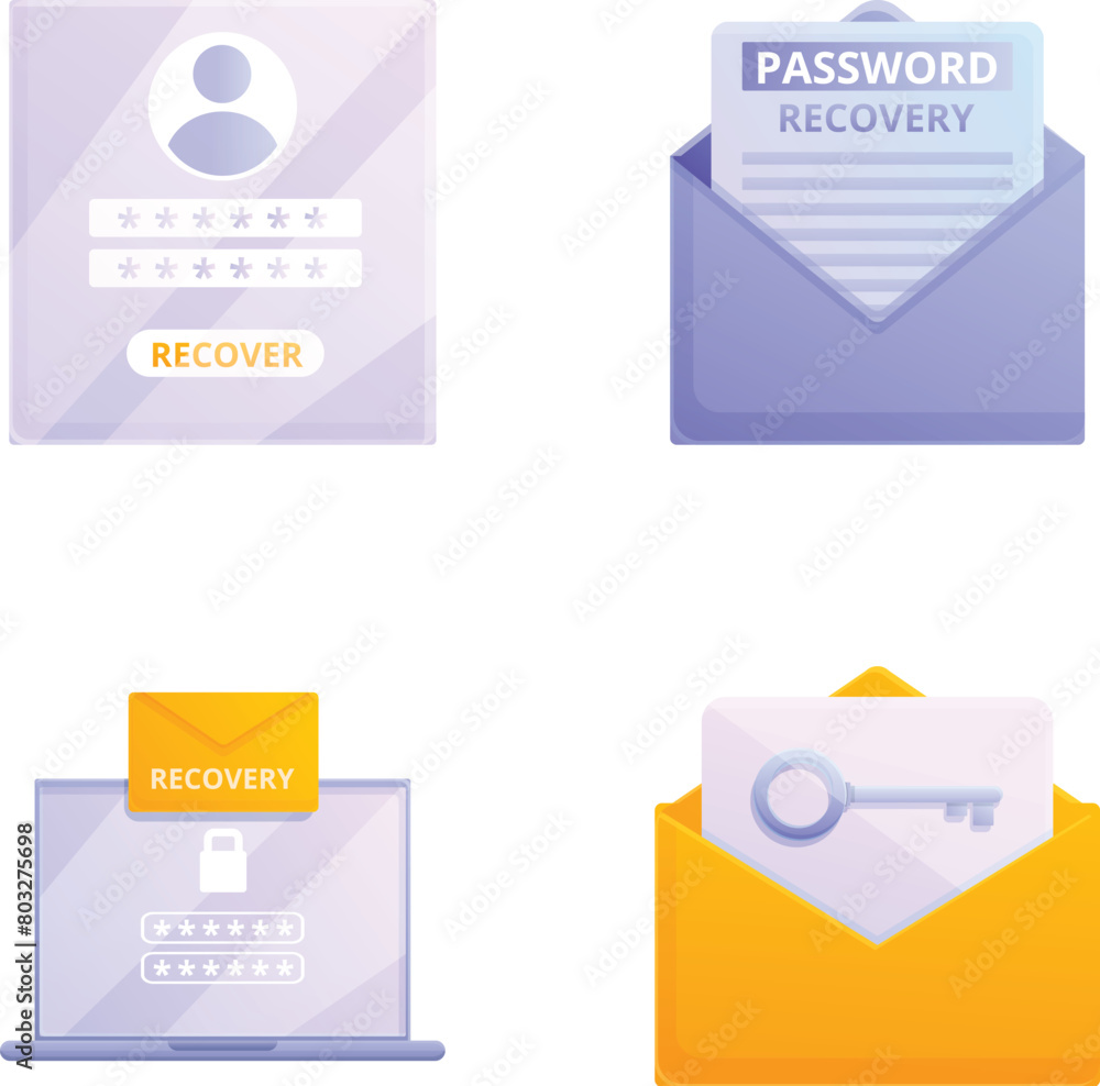 Poster restore password icons set cartoon vector. recovery of password for account. internet information se