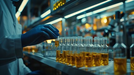 A scientist holding testing tubes of biochemical solutions, conducting precise measurements and analysis in a modern research facility.