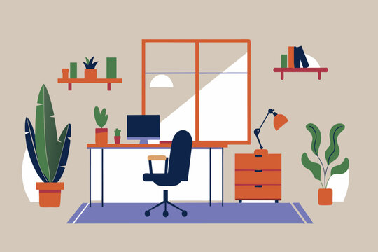 A tidy work space with plants, a laptop, and office furniture