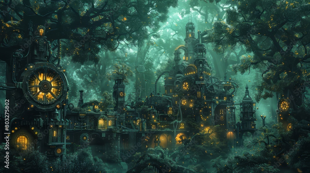 Aufkleber A forest with a clock tower in the middle. The clock tower has a large clock face and a small clock on the side. The forest is dark and mysterious, with trees