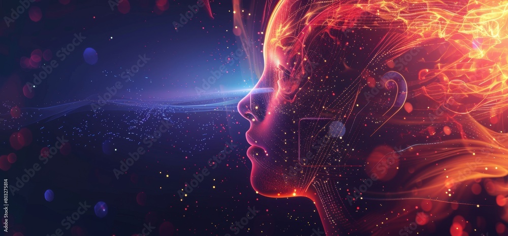 Poster a profile view of an ai humanlike figure with their head covered in glowing digital patterns, surrou