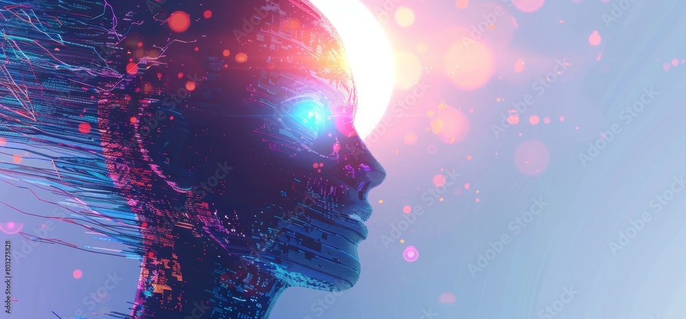 Poster a digital art piece featuring the profile of an ai robot's head, with glowing eyes and hair made up 