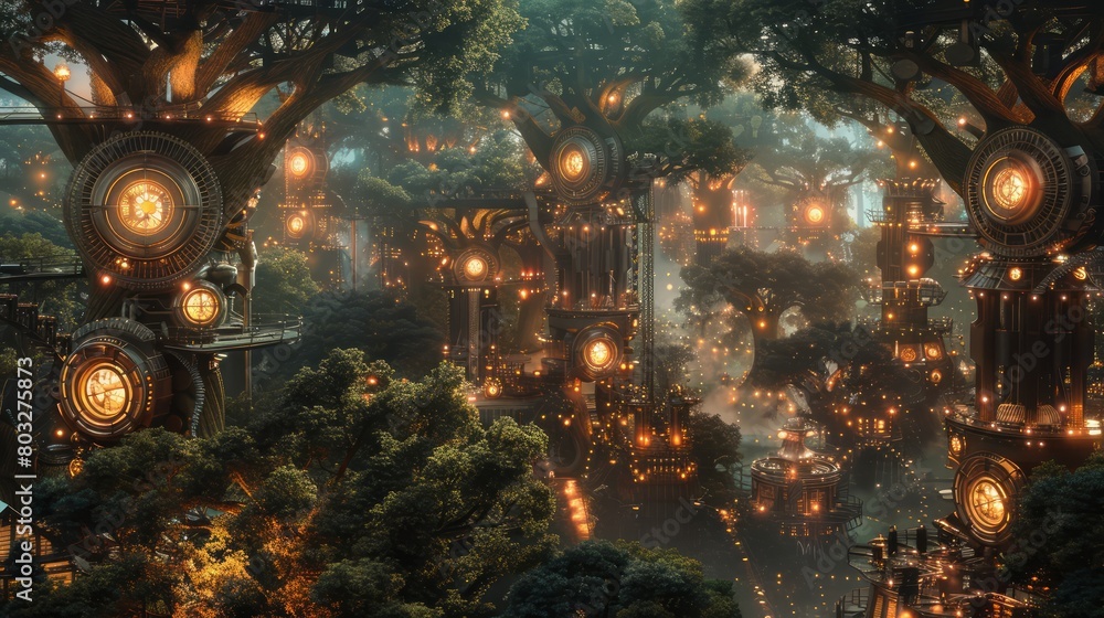 Poster a forest with many trees and lights. scene is warm and inviting