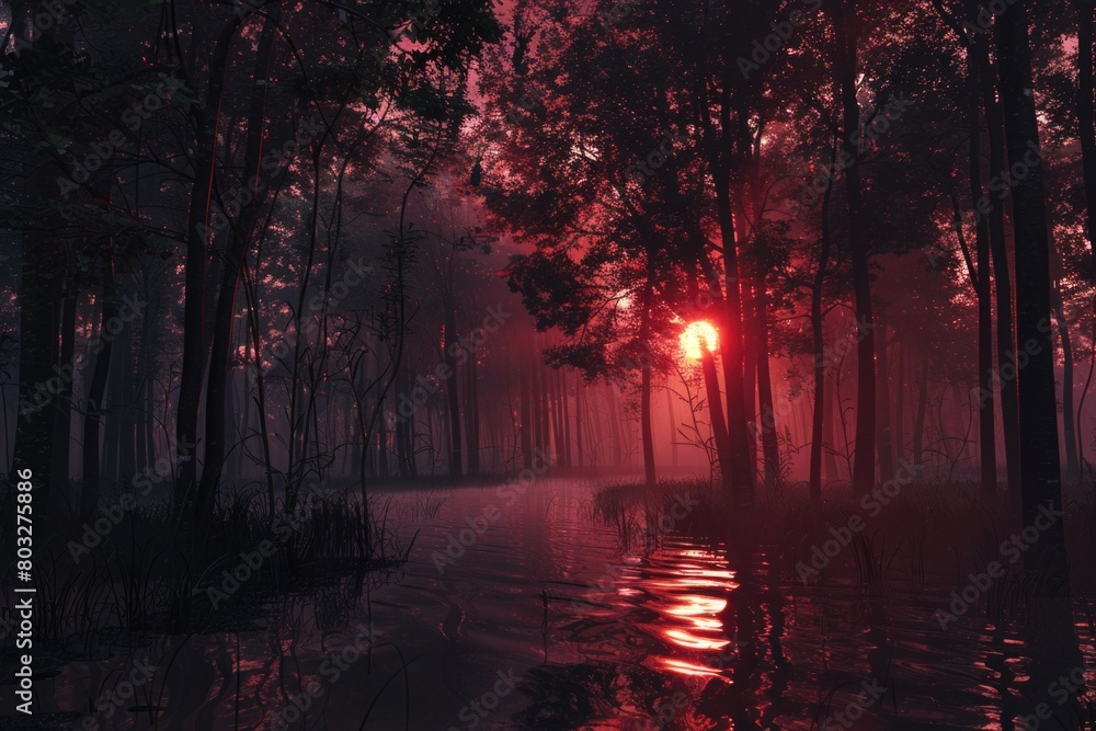 Poster A captivating image of a red sunset shining through the trees in a dark forest. Ideal for nature and landscape themes