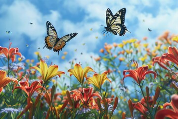 Fototapeta premium Beautiful image of two butterflies flying over a field of colorful flowers. Perfect for nature and spring themes