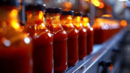 Efficient Ketchup Bottling Process in a Factory. Concept Quality Control, Automation Technologies, Production Line Setup, Bottling Equipment, Packaging Efficiency