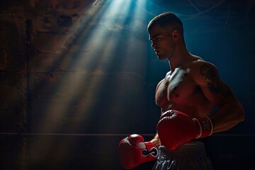 Handsome shirtless boxer in boxing gloves on dark background.