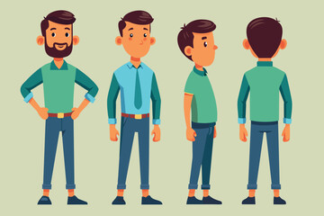 A cartoon of a man displayed from various angles