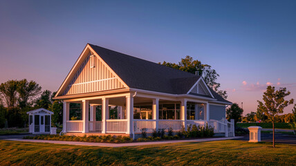 Sunset beautifully casting shadows on a new clubhouse with a white porch and gable roof, in high definition.