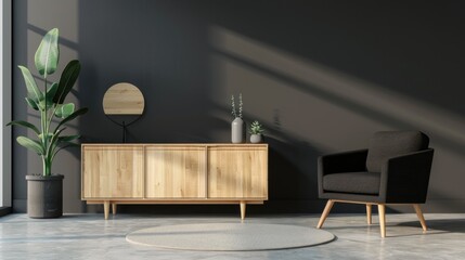 Fototapeta premium Warm and cozy living room interior with mock up poster frame, wooden coffee table, beige rug, slippers, brown wall, pouf, vase with branch and personal