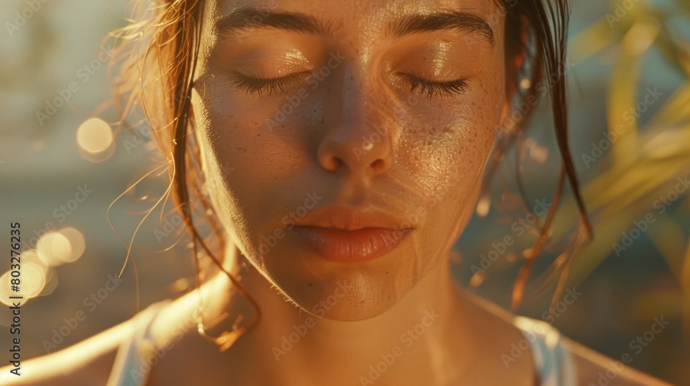 Wall mural Close up of a woman with her eyes closed, suitable for relaxation themes