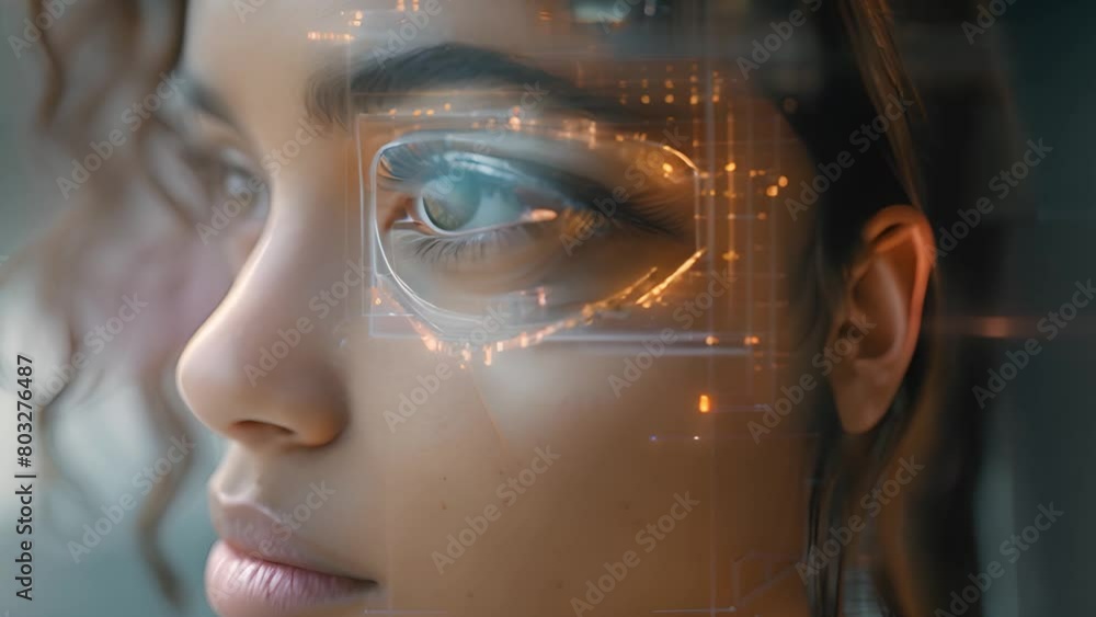 Poster A close-up of a womans face with a futuristic cyber eye that is digitally enhanced, creating a striking visual contrast.
