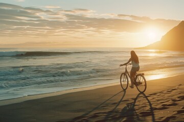 Obraz premium Summer sunset view of woman bike along the beach coast 