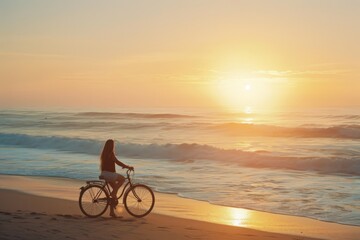 Fototapeta premium Summer sunset view of woman bike along the beach coast 