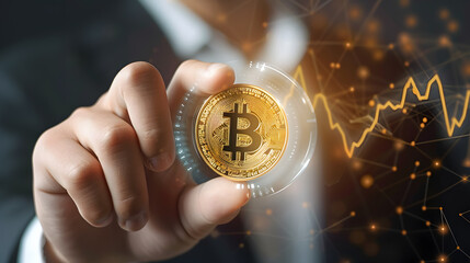 Cryptocurrency Investment Concept: Businessperson Holding Bitcoin with Digital Growth Chart