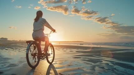 Summer sunset view of woman bike along the beach coast
