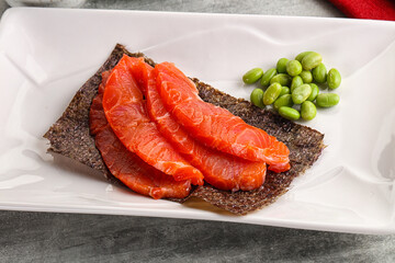 Sliced salmon sashimi in the plate
