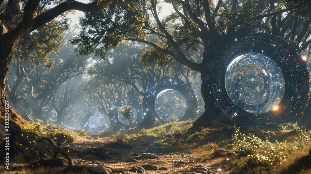 Poster A forest with a path and trees with glowing orbs. The orbs are floating in the air and the trees are green