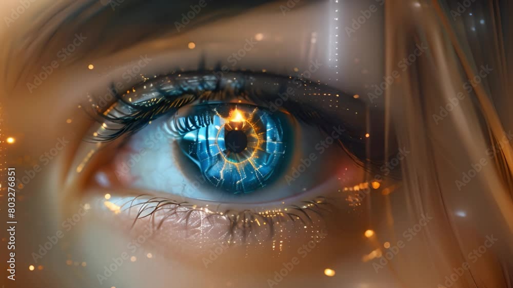 Poster a detailed view of an eye with superimposed digital graphics.
